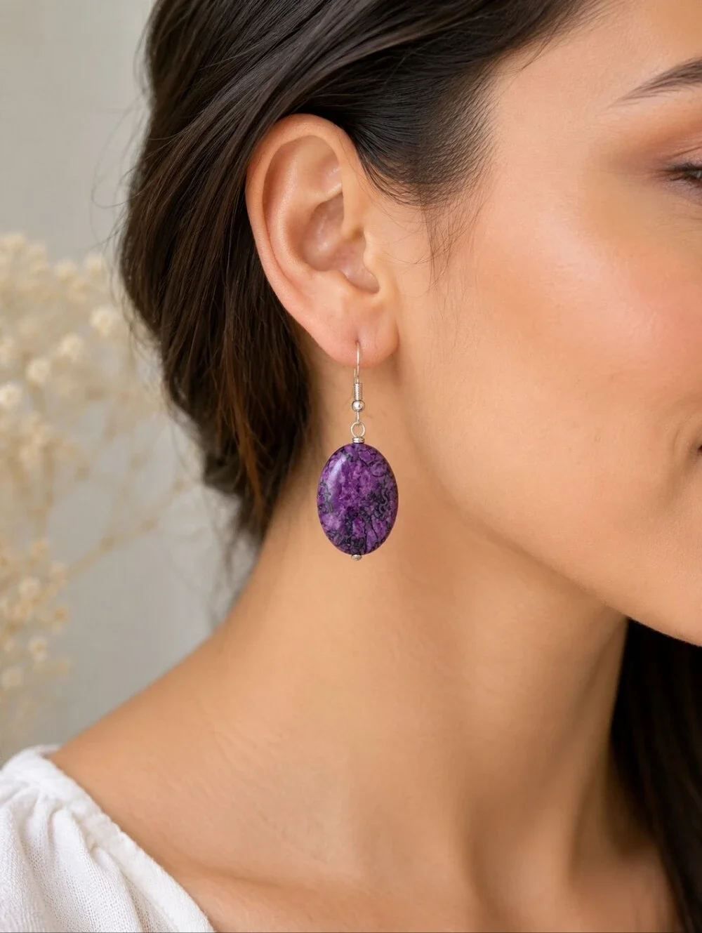 Purple Crazy Lace Oval Dangle Earrings | Handmade Statement Gemstone Earrings